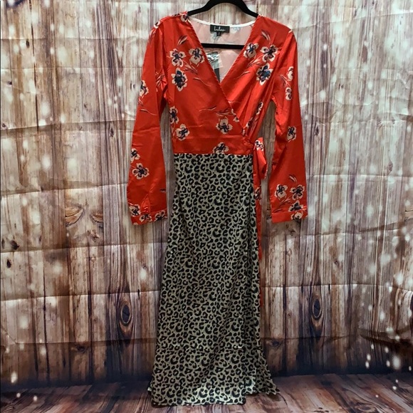 NWT LULUS Red Multi Print Satin Midi Wrap Dress - Picture 5 of 6